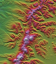 Sredinnyy Khrebet, Kamtschatka-Halbinsel, Russland, basierend auf einem vorläufigen Höhenmodell, erstellt aus den ersten Daten der Shuttle-Radar-Topographie-Mission. Wissenschaft Geologie